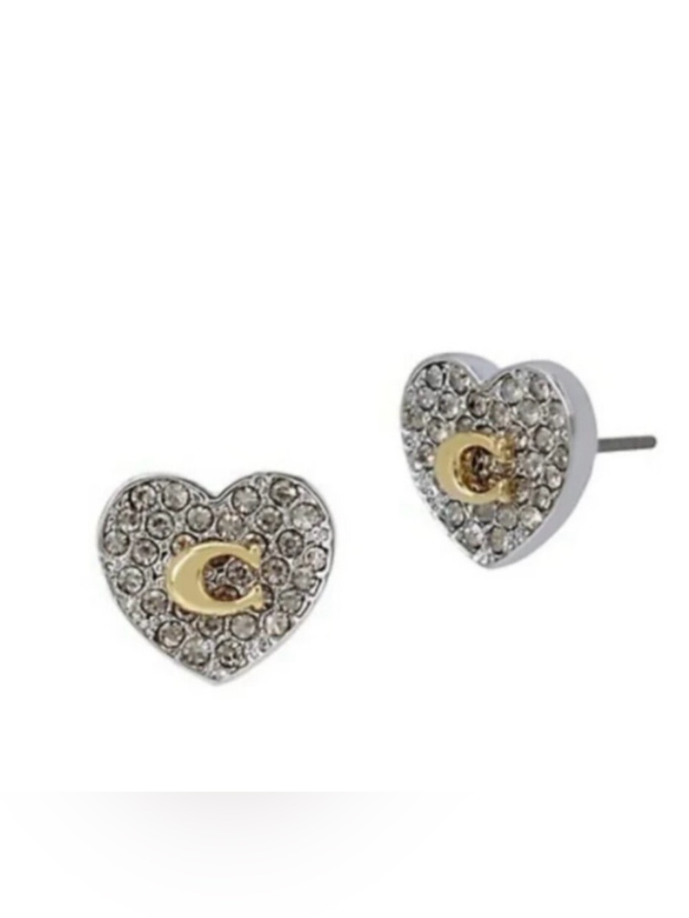 Coach Crystal Heart Stud Earrings with Signature Gold 'C' Accent -